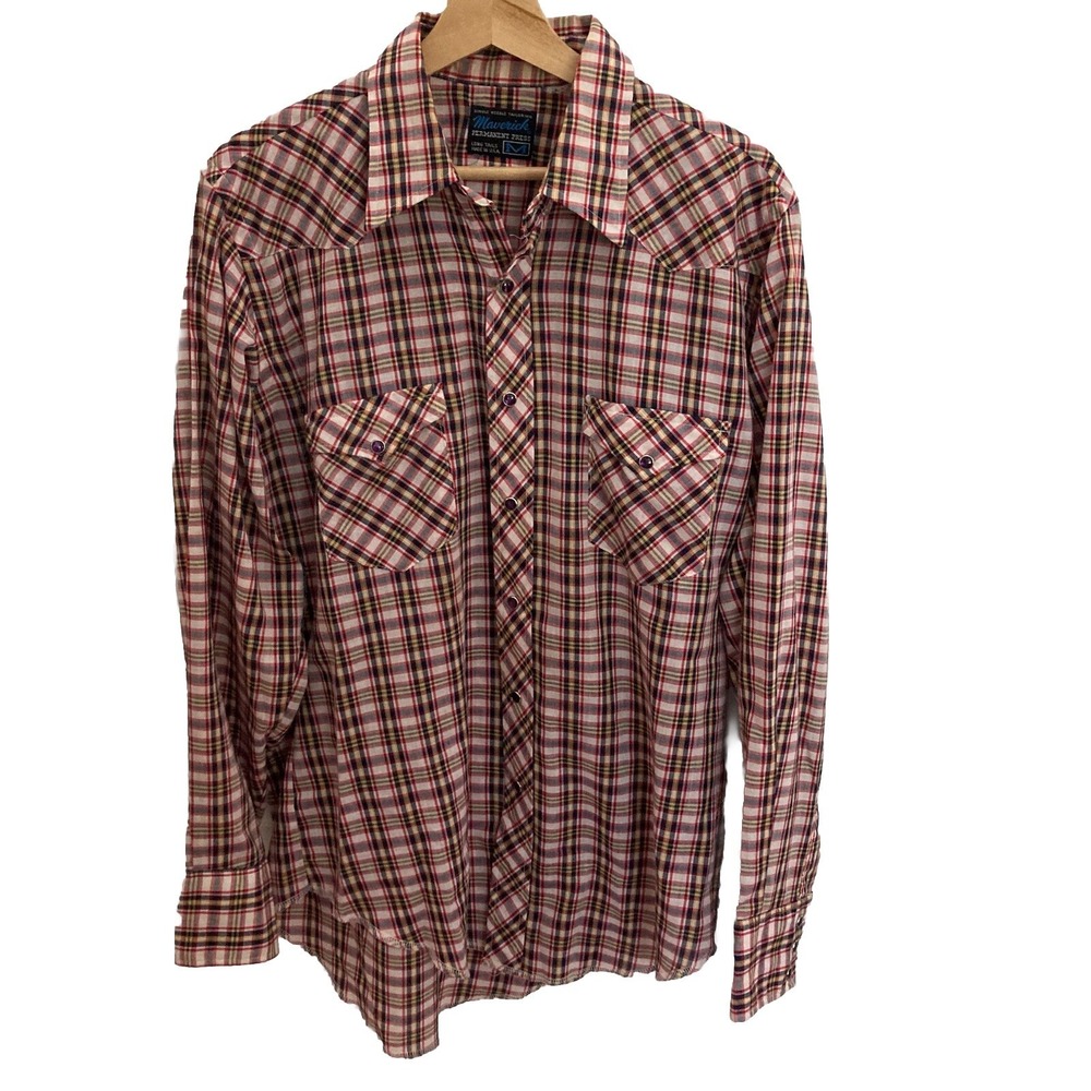 Vtg Maverick Long Tails Purple Pearl Snap Western Shirt Mens Medium Plaid USA
